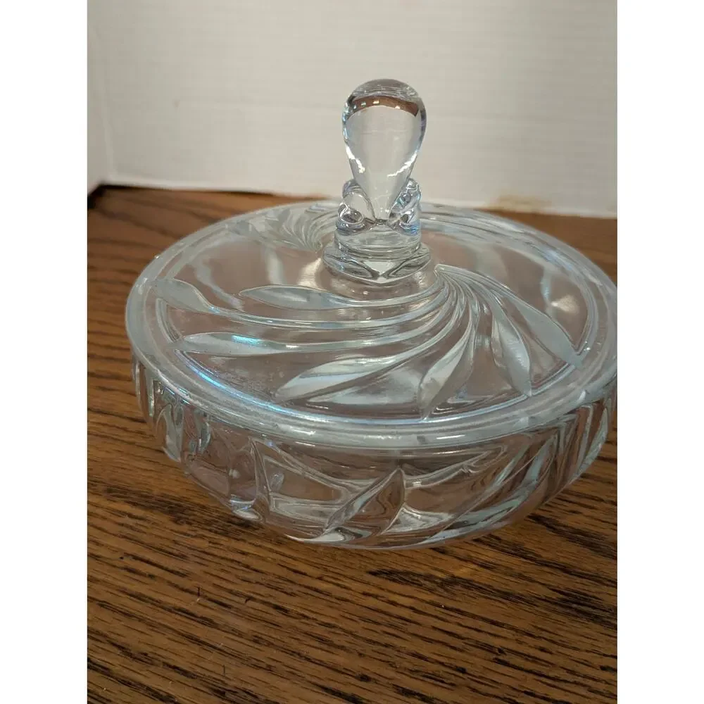 Vintage Clear Pressed Glass Candy Dish & Lid Swirl Design Powder Vanity Trinket